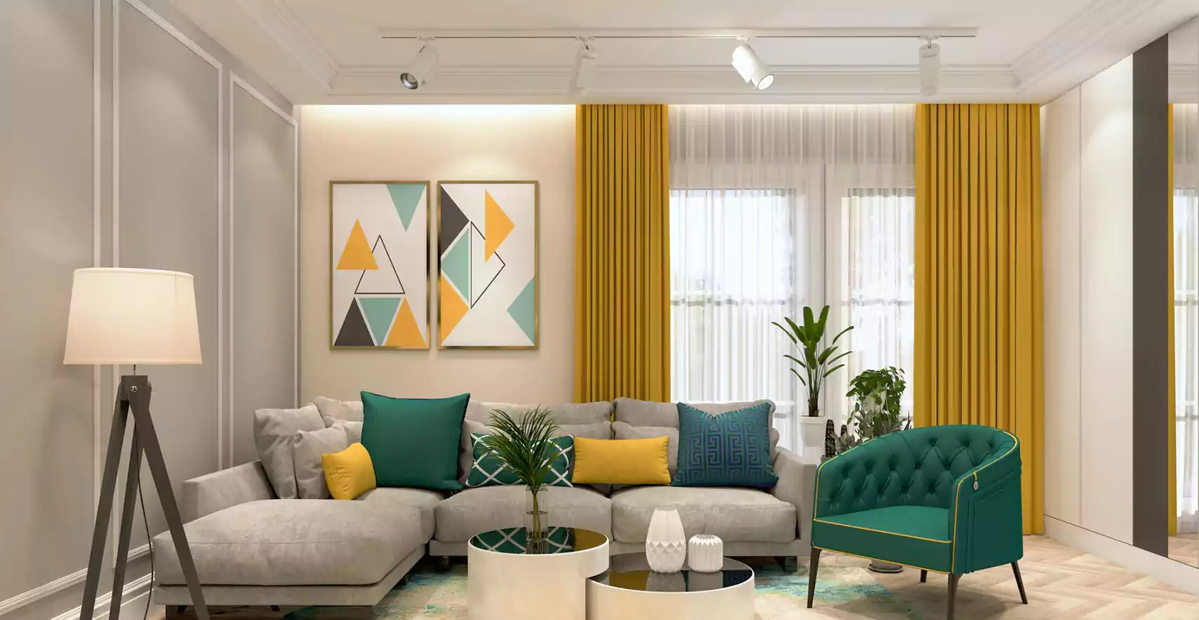 Draped interior curtains showing structural definition provided by Fabrisoul interlinings